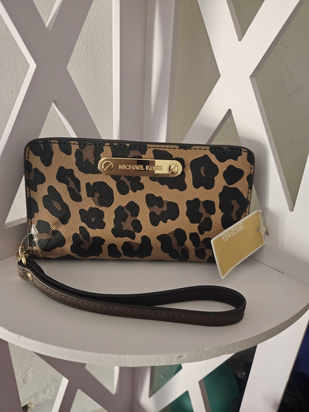 MICHAEL KORS Leopard Print Zip Wristlet in Brown and Black